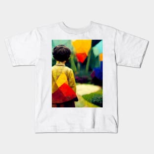 A Boy Holds a Toy in a Colorful Abstract Garden Kids T-Shirt